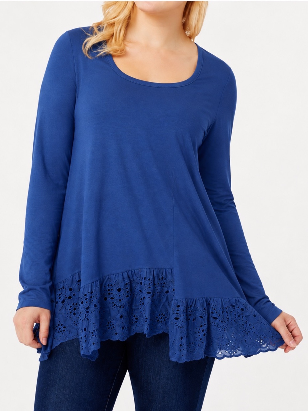 Logo By Lori Goldstein Blue Long Sleeve Tunic Eyelet Shark Bite Hem Medium